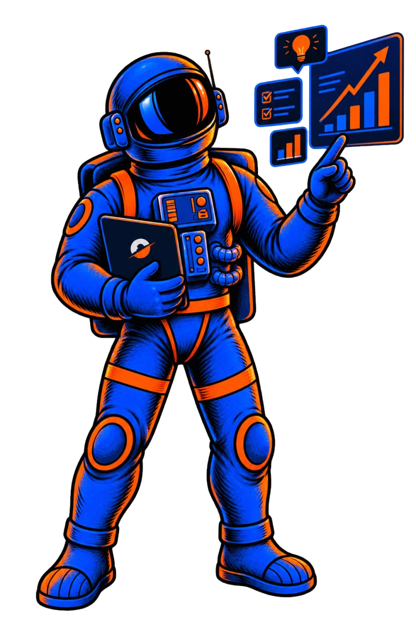 One Giant Leap astronaut pointing at a rising score chart